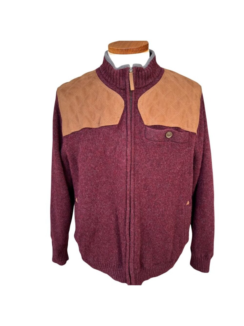 Duluth Trading Mens Shetland Wool Blend Zip-Up Jacket Burgundy 2XL Suede Accents - Picture 1 of 15